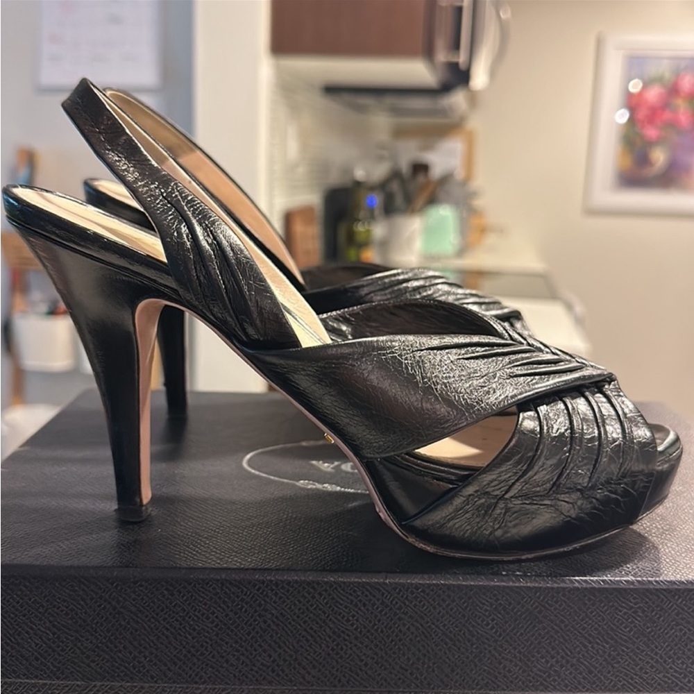 Prada antic soft black leather sandal heels with an elastic back
